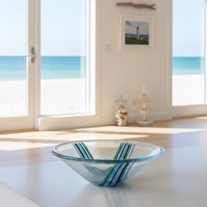 Studio Blown Art Glass Trinket Dish Bowl With Bubbles & Hand Painted Stripes 6”